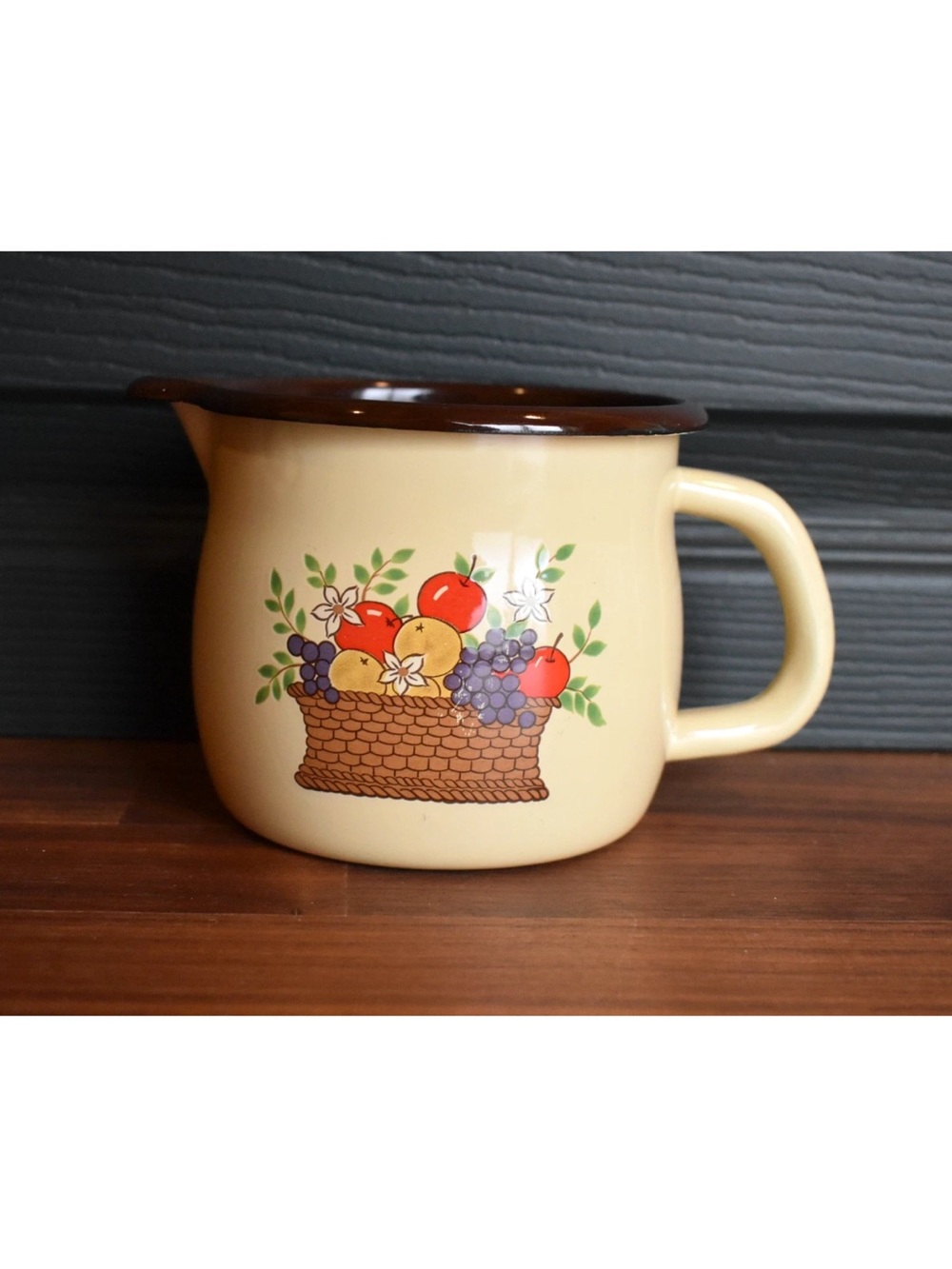 Cream Enamel Pitcher with Fruit Basket Decal
